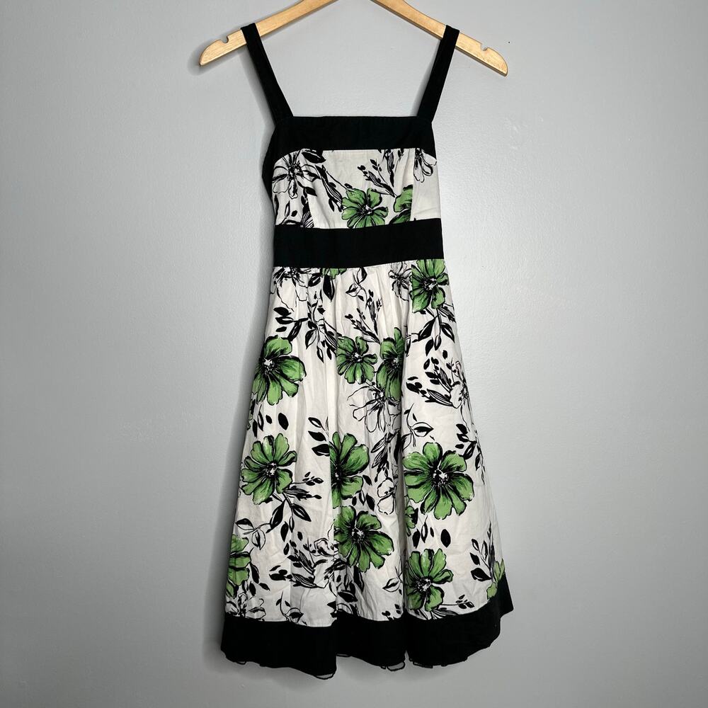 Ruby Rox Women's Y2K Black, White + Green Floral‎ Print Tie Back Flare Dress 3